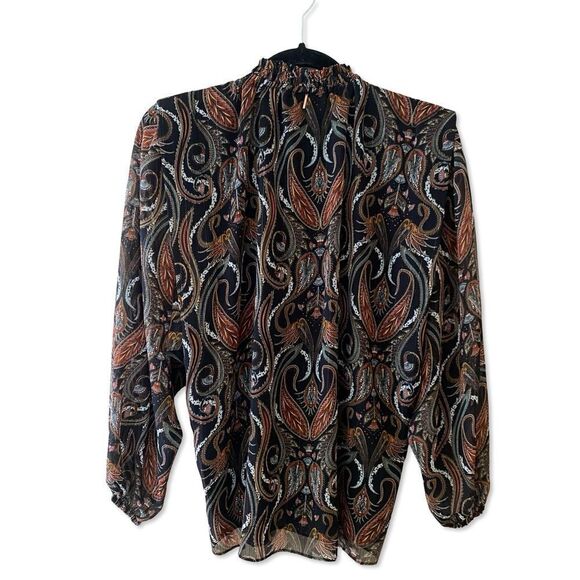 Misa Los Angeles Helena print Black Brown Puff sheer peasant Blouse NWT XXS - Picture 7 of 11